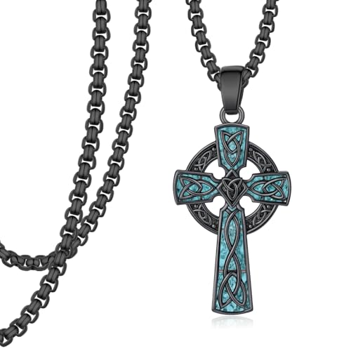 Celtic Cross Necklace for Men 925 Sterling Silver Turquoise Celtic Cross Pendant Necklace Jewelry Gifts for Men