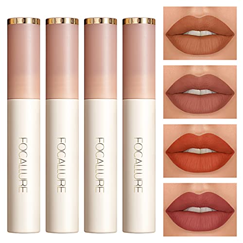 FOCALLURE 4Pcs Matte Lipstick Makeup Set,Velvety Liquid Lipstick,Waterproof Long Lasting Lip Gloss Kit,Smooth Sillky Nude Lipstick for Girls and Women