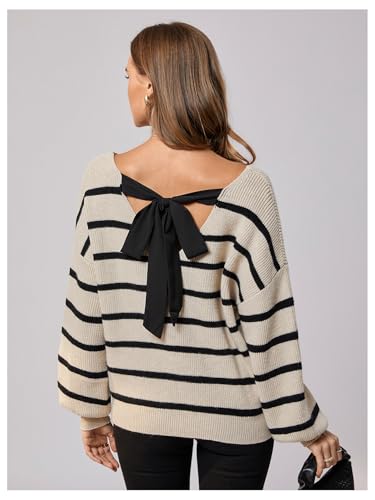 Image of GORGLITTER Women's Bow Fall Sweaters 2025 Cable Knit Chunky Oversized Long Sleeve Backless V Neck Pullover Tops