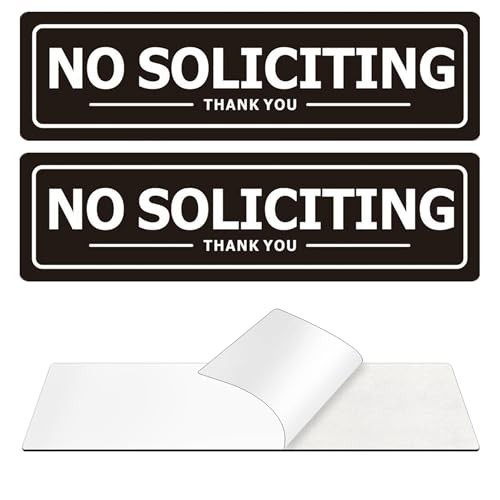 No Soliciting Sign for Door - Metal Signs for House Business and Office Wall - Weather Resistant Aluminum with Strong Self Adhesive (2 Pack, Black 7×2 inches)