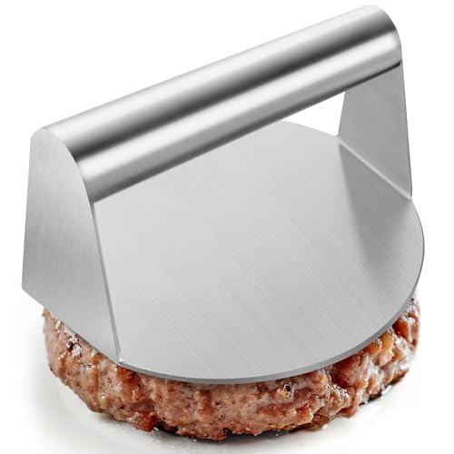 hoimetis Burger Press, 5.5” Stainless Steel Round Hamburger Press, Hamburger Smasher with Smooth Edges, Non-Stick Grill Press for Smashburger, Meat, Ground Beef, Sausage, Bacon