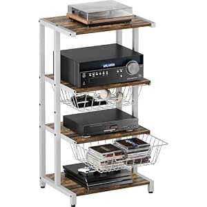 Media Stand with Two Detachable Baskets, 4-Tier AV Media Stand Corner Shelf for DVD Players/Cable Boxes/Games Consoles, Audio Storage Rack for Living Room, Gaming Room, Music Studio, White