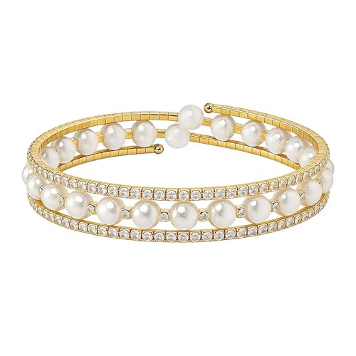 JUNHAOLIU 14K Gold Plated Pearl Bracelet for Women Multilayer Rhinestone