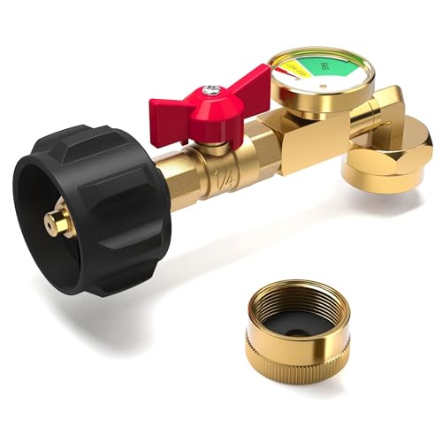 NUPICK Propane Refill Adapter for 1 LB. Tanks, Propane Adapter 20lb to 1lb Converter with Gauge and Valve, Propane Tank Refill Adapter with 90-Degree Elbow Design, Come with Bottle Cap