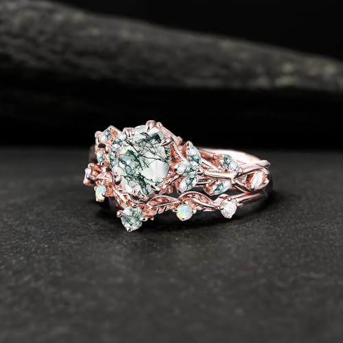 Natural Moss Agate Engagement Ring Set for Women 925 Sterling Silver 10K 14K 18K Rose Gold 2 Carat Moss Agate Wedding Ring Set Inspired Leaf Bridal Ring Set for Women3