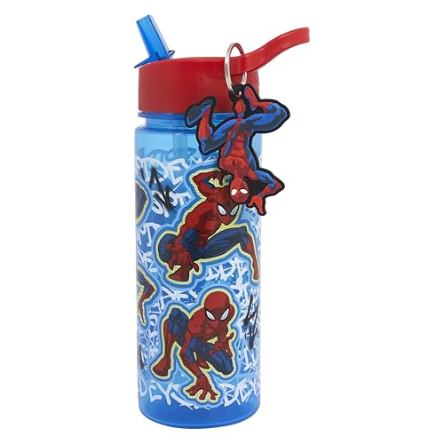 Polar Gear Spiderman Kids 500ml Water Bottle with Straw - Back to School Boys Water Bottle with Spiderman Keyring Charm Blue & Red