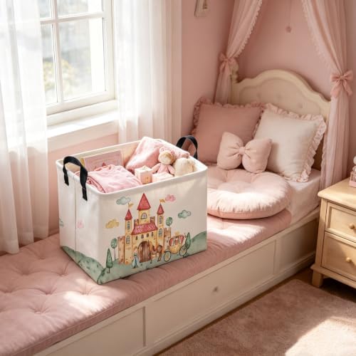 Image of Rectangular Pink Princess Storage Basket,Cute Basket for with Handles for Room Decor,Gift Baskets,Girl pink room decor(Watercolor castle)