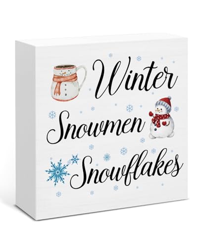 Image of Winter Decor, Snowflake Snowmen Wood Box Sign, Winter Wonderland Christmas Home Office Decorations for Desk Table Shelf 5 X 5 Inches