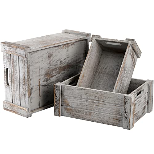 Hacaroa 3 Pack Wood Crates With Handles, Rustic Nesting Storage Container Box Decorative Wooden Basket Bins For Fruit, Vegetable, Home, Laundry, Farmhouse, 3 Sizes #TOP2