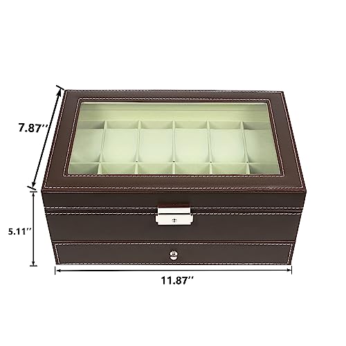 Image of Ogrmar 12 Slot PU Leather Lockable Watch Storage Boxes, Men & Women Jewelry Display Drawer Case, 2-tier Organizer Watch Showcase with Glass Lid (Brown)