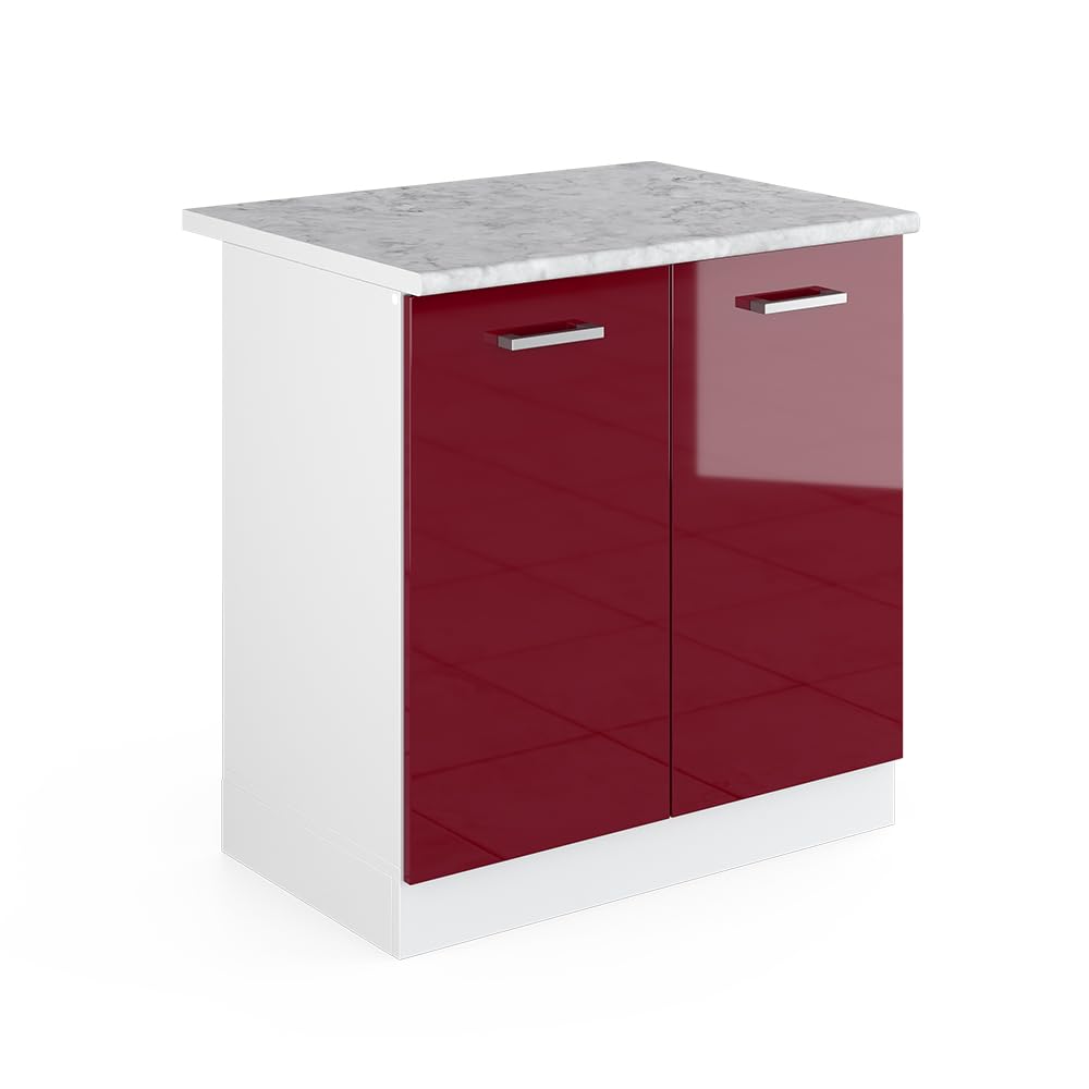 Vicco Spülenunterschrank R-Line, Rot Hochglanz, 80 cm, AP Marmor, zur freien Kombination innerhalb modularer Küchensysteme