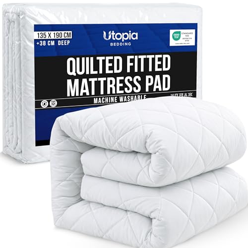 Utopia Bedding Quilted Mattress Topper Mattress Protector Cover Quilted Pad Soft Breathable Deep Fitted Elastic Double 135 x 190 + 38 cm White