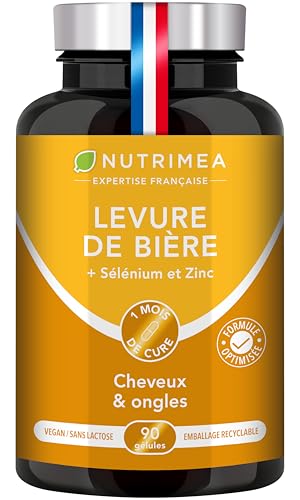 LEVURE Active DE BIERE REVIVIFIABLE - Complément Alimentaire Cheveux, Ongles & Peau - Enrichie en Zinc & Sélénium - Facilite le Transit - 90 Gélules Vegan - Nutrimea...