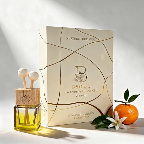 Image of BSOUL Mandarin & Freesia Car Air Vent Clip Perfume 8ml Pack Of 2 | Premium Wooden Car Diffuser with Essential Oils | Fresh Floral Citrus Fragrance | Long-Lasting Luxury Car Air Freshener (Yellow)