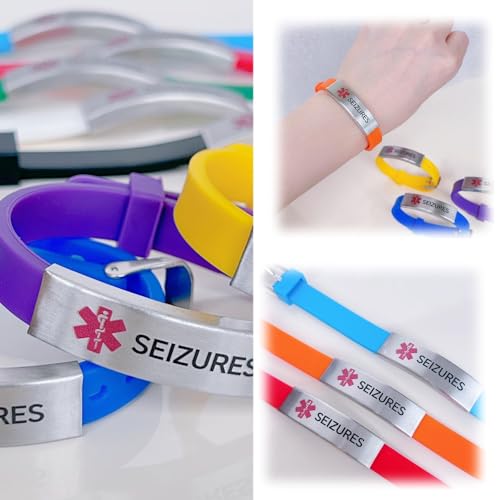 Image of RENYILIN Nine-color eco-friendly silicone bracelet Stainless steel Medical ID Bracelet Adjustable medical alert ID Emergency first aid jewelry (SEIZURES, Black), Uniform size