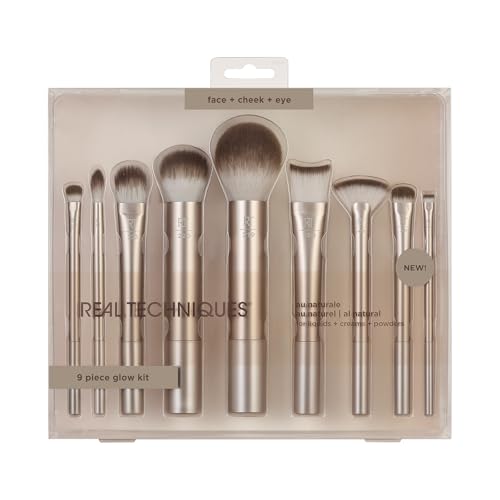 REAL TECHNIQUES Au Naturale Makeup Brush Kit, For Foundation, Powders, and Concealers, Premium Quality Face Brushes, 9 Piece Set, Gold