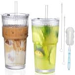 ZHYOPING 2PCS 550ml Ribbed Glass Tumbler with Straw and Lid, Reusable Iced Coffee Cup, Iced Latte Glass, Smoothie Cup, Leakproof Clear Water Cups for Tea, Juice, Milk, Soda, Cocktail, Whiskey