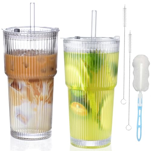 ZHYOPING 2 vasos de vidrio acanalado de 600 ml con popote y tapa, tazas de café helado reutilizables, vaso de café con leche helado, taza de batidos, tazas de agua transparentes a prueba de fugas para