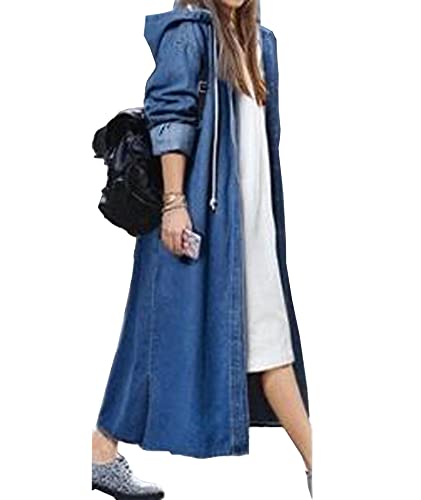 Raboolion Women's Long Denim Hooded Jacket Oversized Drawstring Button Trench Jean Jacket Coat2