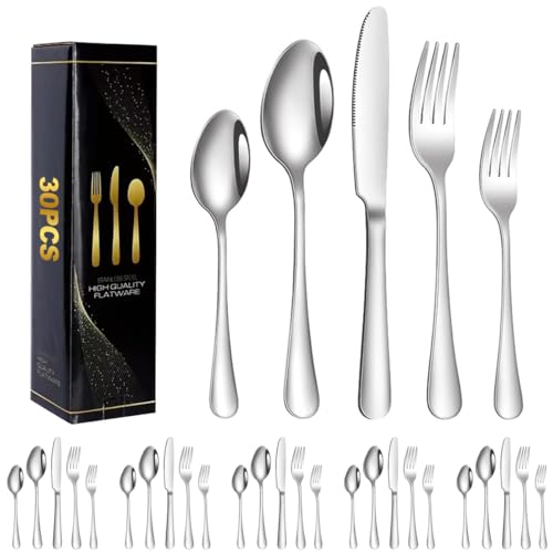 Cubiertos, Kitchen LINEVEO Cubiertos de Acero Inoxidable 30 Piezas, Juego de Cubiertos para 6 Personas, Incluye Cuchillos, Cucharas y Tenedores, Set de Cubiertos para Cocina,...