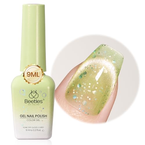 Image of Beetles Green Cat Eye Gel Nail Polish - 9ML Mojito Mint Glitter Green Cat Eye Summer Gel Polish with Magnetic Shimmer Soak Off UV DIY Manicure Gift for Women