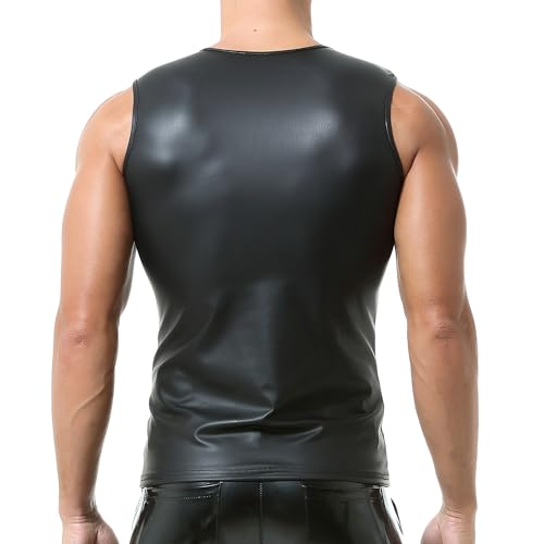 QiaTi Men's Faux Leather Undershirt Wetlook Tank Top Shirt Chest Lace Up Sleeveless Vest Sport Muscle for Men2