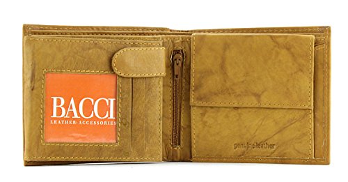 Bacci Slim Bifold Wallet for Men - Genuine Leather Wallet with 1 zipper pocket, 1 coin pocket, 2 cash compartments & center flap 1 ID window - Clean stitched Mens Bifold Wallet (Tan)2