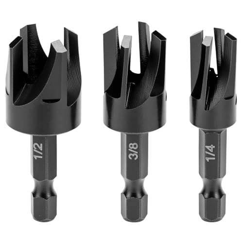 QWORK Tapered Plug Cutter Set 3 Piece 1/4 3/8 1/2 Inch High Speed Steel Wood Plug Cutters for Drill Press Quick Change Chuck Clean Precise Woodworking Hole Cutting Tools