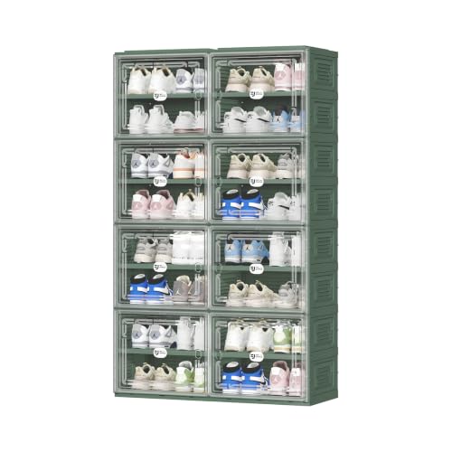Image of Green Foldable Shoe Storage Cabinet for 32 Pairs with Magnetic Clear Doors, Portable Enclosed Shoe Organizer, 3-Step Quick Assembly for Entryway, Closet, Garage (2 Row, 8 Tier)