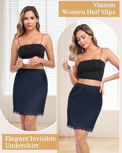 Vlazom Women's Satin Half Slip - High Waisted Silky Underskirt with Lace Trim,Anti-Static Slip Skirt for Dresses S-3XL2