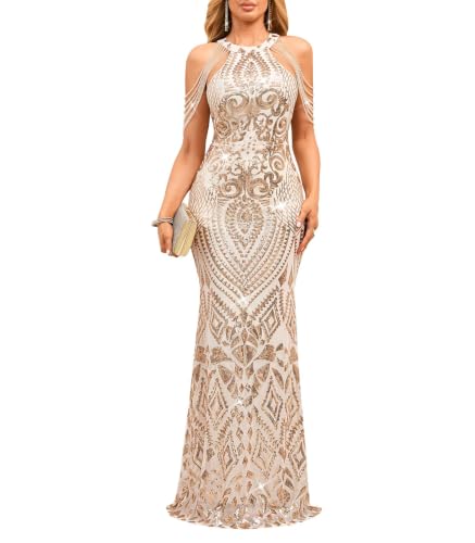 Image of Cololura Women Sequin Halter Tassel Mermaid Formal Maxi Dress Evening Gown