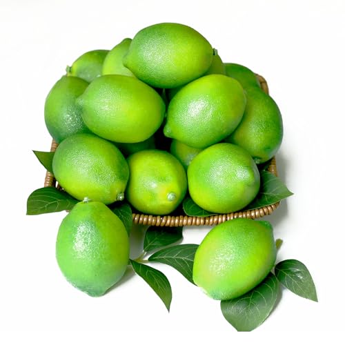 12 Fake Limes Artificial Lemons with 8 Leaves Fake Fruit Lemon Decorations for Kitchen Fake Green Lemons Decorative Fruit Simulation Lifelike Faux Limes for Party Bowl Home Photography Props(Green)