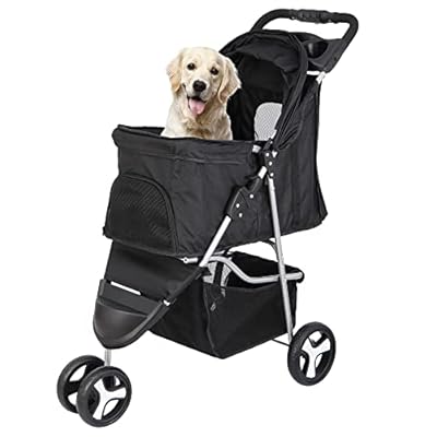 3 Wheels Foldable Pet Stroller Dog Cat Jogger Stroller Travel Carrier Strolling Cart w/Waterproof Cover Storage Basket Cup Holder & Removable Liner, Black
