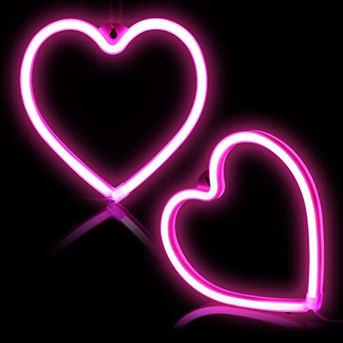 Tarpop 2 Pcs Neon Heart Lights Pink Heart Neon Signs LED Valentines Day Decor Battery Operated or USB Powered LED Lights for Girls Room Wall Dorm Wedding Anniversary Decoration