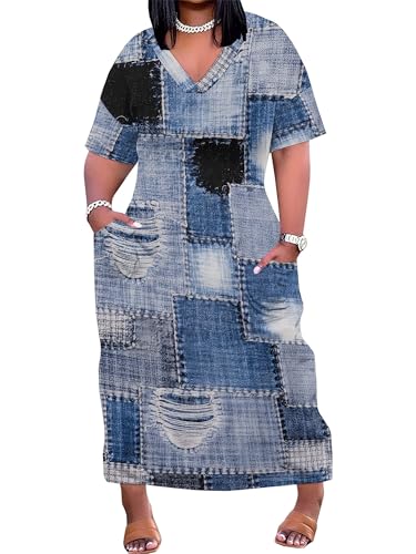 Image of SUZONANA Plus Size Denim Print Maxi Dresses for Women Casual V Neck Short Sleeve with Pockets Soft Jean Look Dress XL-6XL
