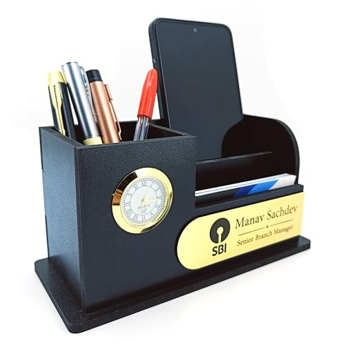 Image of AJANTA ROYAL Elegant Desktop Organizer with Clock, Pen Stand & Phone Holder & Personalized Name Tag, A unique corporate gift. (Black)