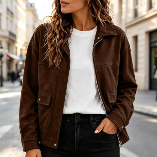 TERGHTP Women's Faux Suede Jacket Lapel Collar Zip Up Leather Fall Jacket - image 6