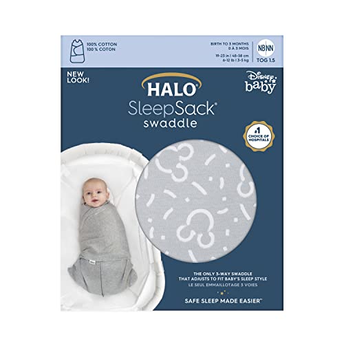 Image of HALO 100% Cotton Sleepsack Swaddle, 3-Way Adjustable Wearable Blanket, TOG 1.5, Confetti Mickey Grey, Small, 3-6 Months