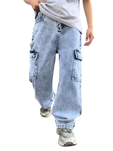 Boy's Denim Cargo Pants Vintage High Waisted Straight Leg Baggy Jeans with Pockets