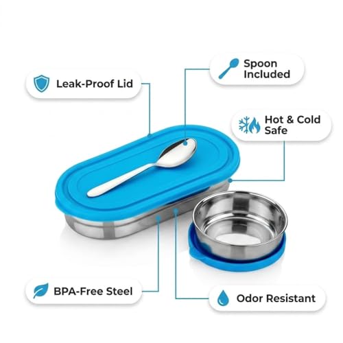 Image of PRESCO Small Oval Stainless Steel Kids Lunch Box with Spoon for School Kids, Boys - Leakproof Tiffin Box for Men & Women, Picnic, Travel - Stylish, Compact & Daily Use Meal Prep Box, 450ml- Pack of 1