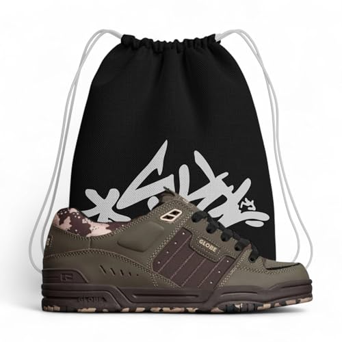 Scarpe da Skateboard – Scarpe Globe Fusion Trainers da Ginnastica Unisex Skate – Mud/Camo, Slip-On - Sneakers -Resistenti con Sacca Abbinata (Sistema Taglie Calzature EU, Adulto, Numero, Larga, 39)