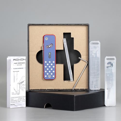 Image of ROXON S503G Flex Companion Tool Modular Design Pocket Tool (US Flag) | Pre-Installed with 8 Essential Tools (1 /4 inch Bit Driver, D2 Blade, Screwdriver, Taper Saw, Scissors, etc.)