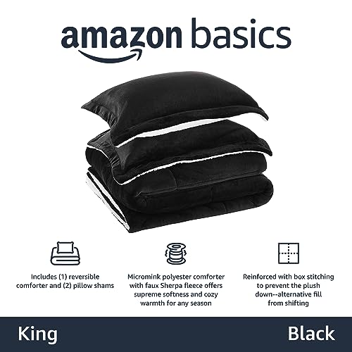 Image of Amazon Basics 3-Piece Micromink Sherpa Down Alternative Comforter Bedding Set, Ultra-Soft, Warm All Season, Machine Washable, King, Black, Solid
