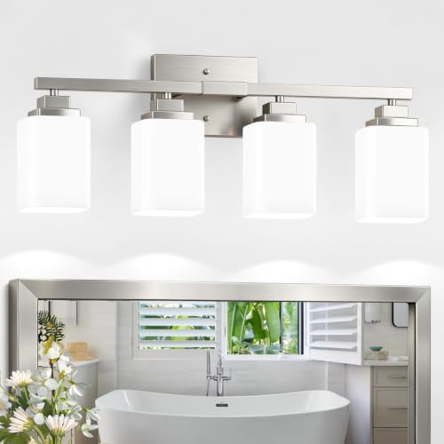 Image of Brushed Nickel Bathroom Light Fixtures, 4-Light Vanity Lights over mirror