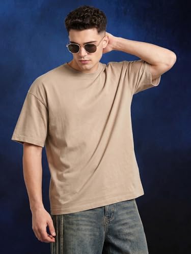 Image of Veirdo Oversized Baggy Fit Drop Shoulder Half Sleeves Round Neck Solid Pure 100% Cotton T-Shirt for Men (Available in White, Black, Mustard, Maroon, Green, Lilac, Navy, Red Color)