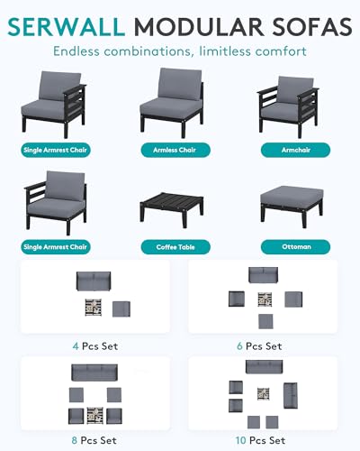 Image of SERWALL HDPE Outdoor Furniture Set, 10 Pieces Patio Sectional Sofa Set | All-Weather Wood-Like Outdoor Sofa Couch with Coffee Table, Modular Design for Flexible Combination