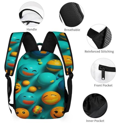 Smiley Face Printed Backpack With Lunch Pack Storage Box Case 3pcs Lightweight Travel Backpack3