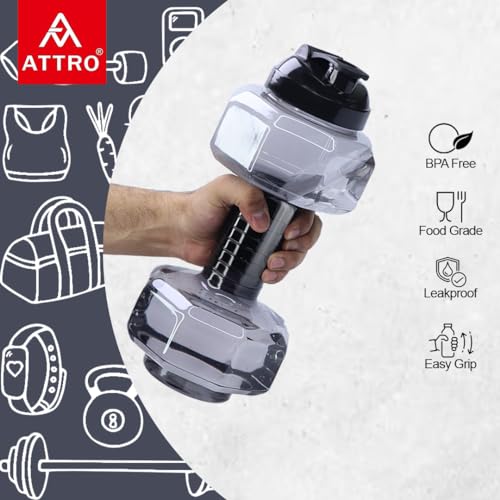 Image of Attro Dumbbell Water Bottle 2 Liter Plastic Bottle with Grip Handle Stylish Bottle for Gym Lover BPA Free, Food Grade, Leakproof- Grey