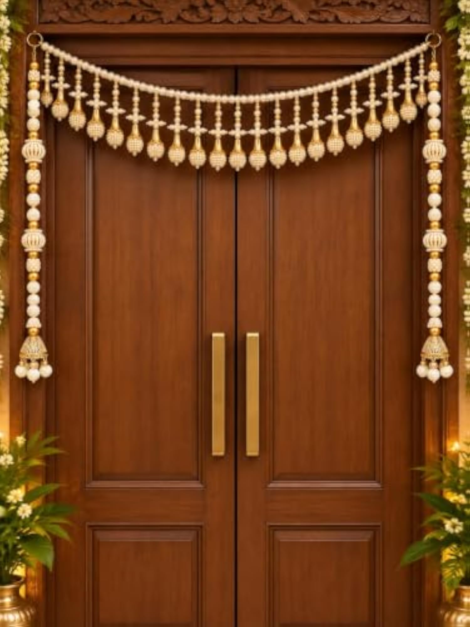 Handcrafted White Moti Toran with Decorative Golden Balls
