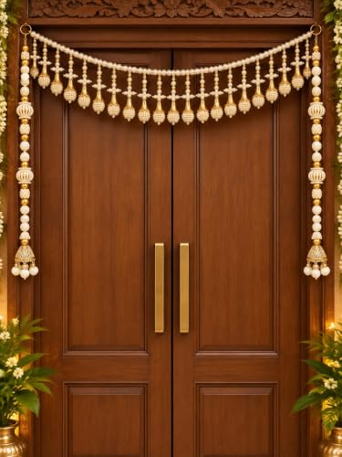 Handcrafted White Moti Toran with Decorative Golden Balls for Mai...